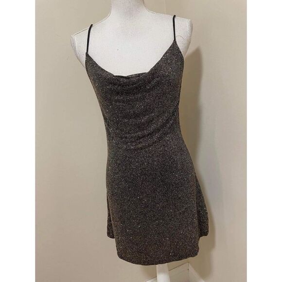 Urban Outfitters Black Multi Glitter Cowl Slip Mini Dress Size M - Picture 4 of 7
